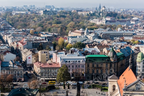Preview: LVIV, UKRAINE - OCTOBER 23, 2019: street with cars and old historical buildings in city downtown
