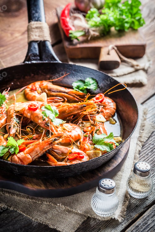 Preview: Fried king prawns with garlic and red peppers