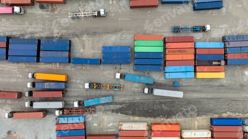 Preview: Aerial view semi truck trailer cargo container at logistic park warehouse, Distribution center