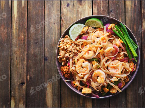 Preview: shrimp pad thai on plate in flat lay composition with copy space atop rustic wooden table
