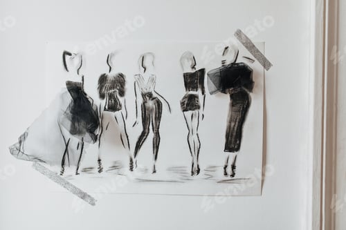 Preview: Fashion Design Sketches Hanging on a Wall