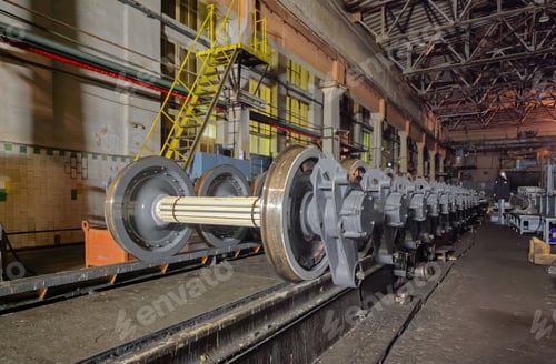 Preview: Many spare railway metro wheels on the rail inside repair plant
