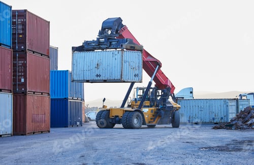 Preview: Logistics, cargo and forklift with container with stock for delivery in an industrial port. Ecommer