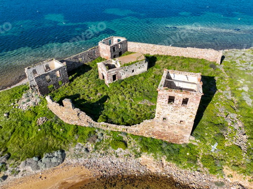 Preview: Historic ancient monastery on an island around the Patrica beach. Shooting with drone.