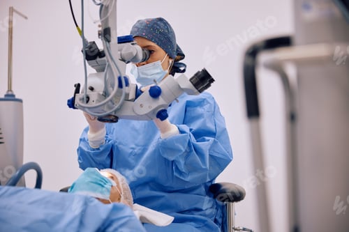 Preview: Female ophthalmologist performing eye surgery while using microscope in operating room.