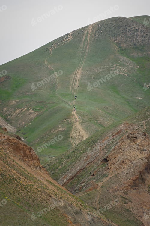 Preview: Mountains trails and people. A group of tourists climbs a steep green slope.