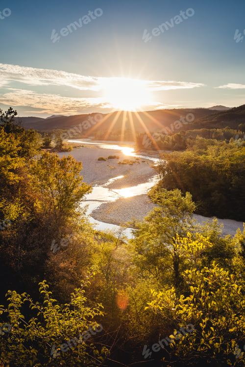 Preview: Sunset over river Eyrieux, Saint Laurent du Pape, Ardèche, France