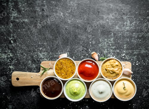 Preview: Sauces on a wooden cutting Board with garlic and rosemary.