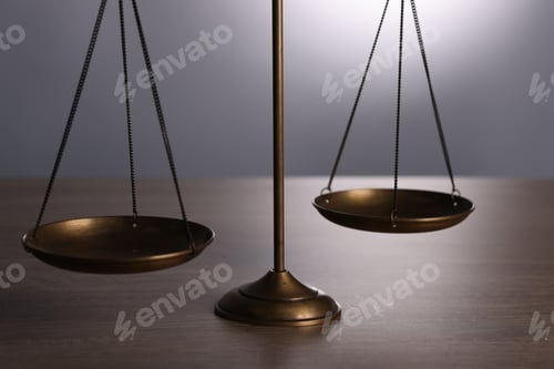 Preview: Scales of justice on wooden table against grey background, closeup