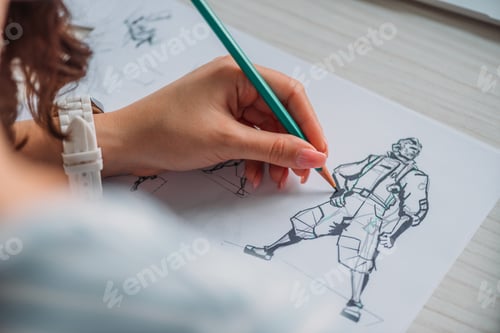 Preview: selective focus of illustrator drawing cartoon character on paper