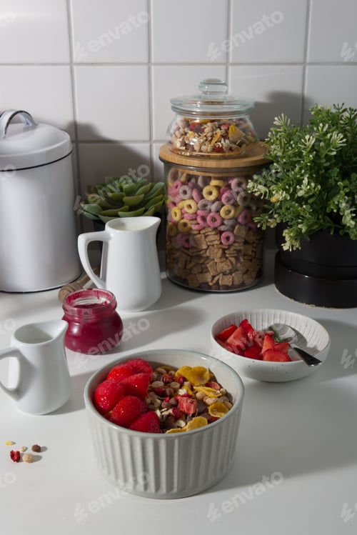 Preview: healthy breakfast with fresh strawberries and cereal mix