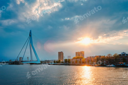 Preview: Rotterdam skyline cityscape with Erasmusbrug bridge over Nieuwe Maas in contre-jur on sunse