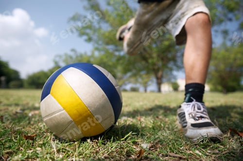 Preview: Kids Playing Soccer Game Young Boy Hitting Ball In Park