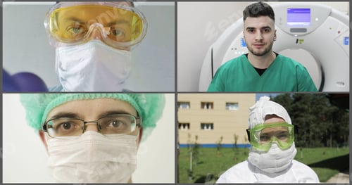 Preview: Group Of Four Doctors Using Video Conferencing Technology In Hospitals For Video Call With