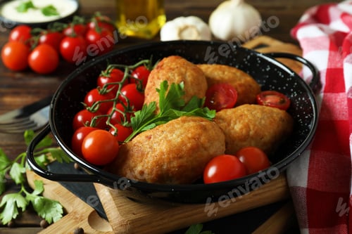 Preview: Concept of tasty food with cutlets on wooden table