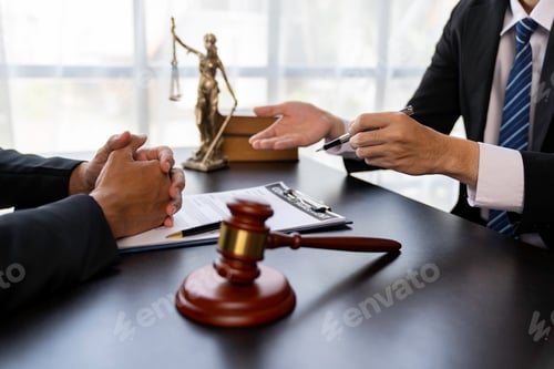 Preview: Lawyer or judge advising client's trial at attorney's office, litigation counseling ideas with lawye