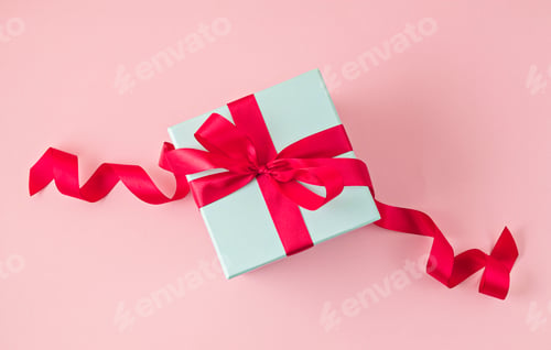Preview: Top view gift box with red ribbon. Holiday, birthday, mothers day, saint valentine day concept