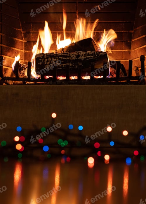 Preview: Christmas burning fireplace and lights, holiday decoration background