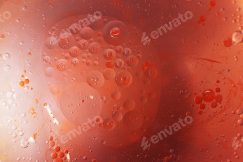 Preview: Gold and red Oil bubbles close up. circles of orange and pink water macro. abstract shiny background