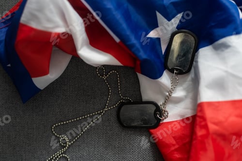 Preview: Army tokens on military uniform and USA national flag background.