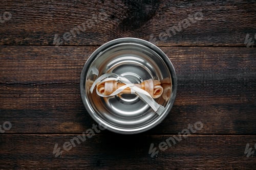 Preview: Dog bone in bowl on wooden background. Artificial bones for pets. Long Lasting Dog Chew Bone