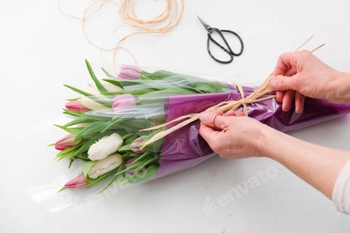 Preview: Woman wrapping a bouquet of spring tulips against a white background