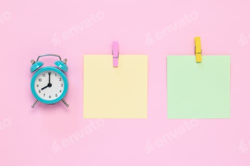 Preview: Two blank stickers on notice board, planning concept, deadline. Place for text, copy space. Colorful