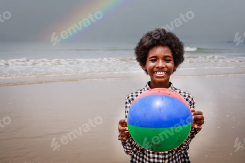 Preview: Happy moment of Back side of African American kids on a tropical beach. Ethnically diverse concept
