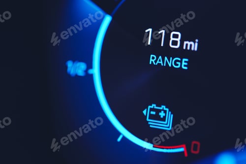 Preview: Close-in shot of electric car battery range gauge