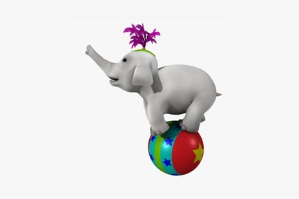 Visualização: Elefante com jibóia de penas se equilibrando em uma bola