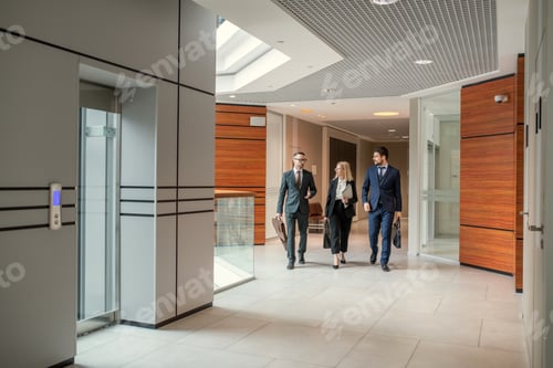 Preview: Modern business colleagues walking in corridor
