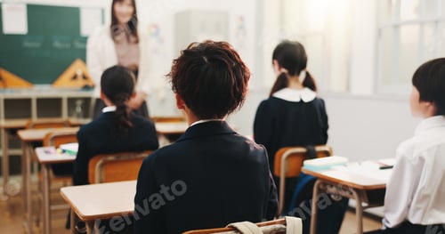 Preview: Back, education and children in classroom for learning, math lesson and problem solving in Japan ac