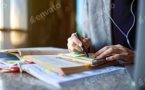 Preview: Shot of young male student sitting at table and writing on notebook. Male student studying in cafe.