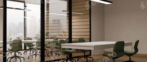 Preview: 3D Glass meeting room with green chairs and wooden wall modern interior