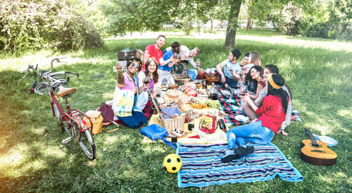 Preview: Happy friends group having fun outdoor cheering at bbq picnic