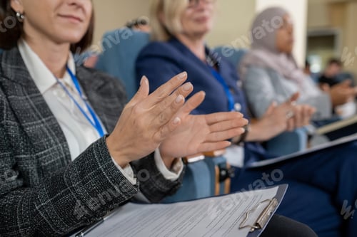 Preview: Young female delegate and her foreign colleagues clapping hands