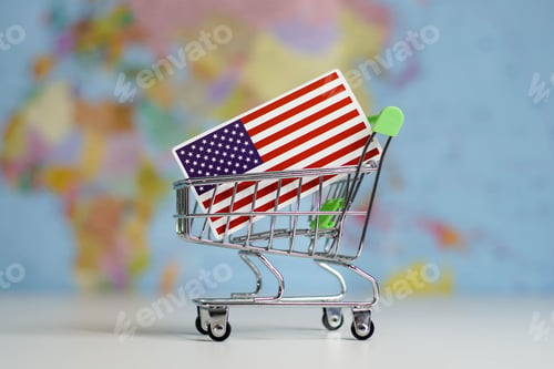 Preview: American USA flag in miniature shopping trolley cart. Shopping online or shipping, duty concept.