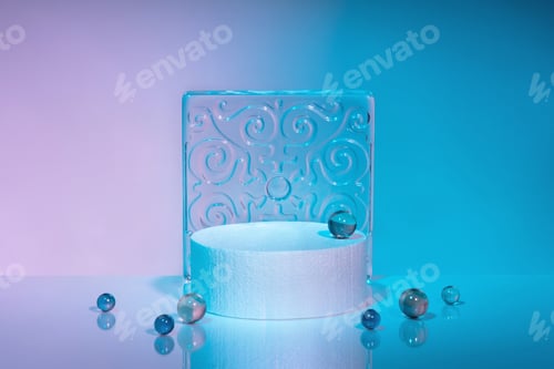 Preview: Podium and transparent console with ornament, glass balls, gradient background