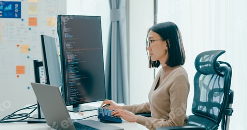 Preview: Young adult Asia female freelance eyeglasses typing write prompt AI bot IT app.