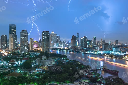 Preview: Lightning Storm over Bangkok cityscape river side at twilight in Bangkok, Thailand