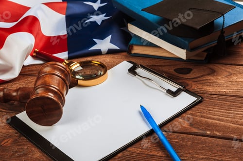 Preview: blank clip board and USA flag on wooden background