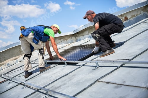Preview: Workers building solar panel system on roof of house. Men installing photovoltaic solar module