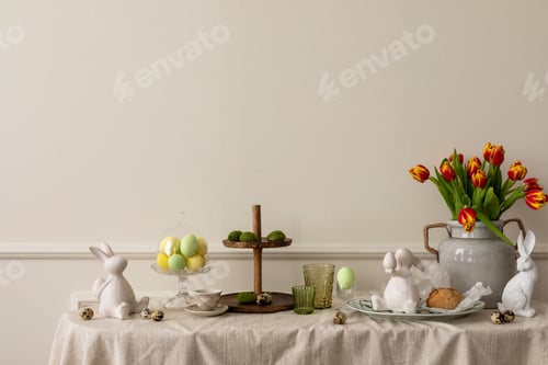 Preview: Creative composition of easter living room interior with copy space, vase with spring tulips