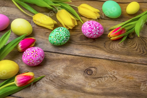 Preview: Easter wooden background with eggs and yellow red tulips
