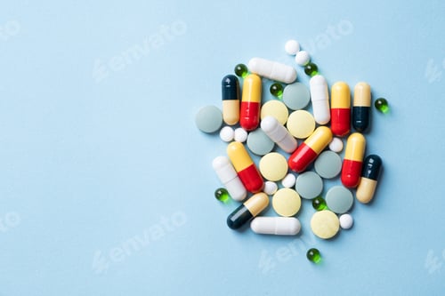 Preview: Different pills on color background, flat lay