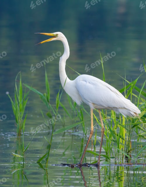 Preview: Great egret, Ardea alba. A bird standing in shallow water with its beak open