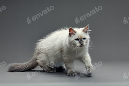 Preview: Portrait of a little white kitty on gray background, nice little kitten with big eyes , copy space