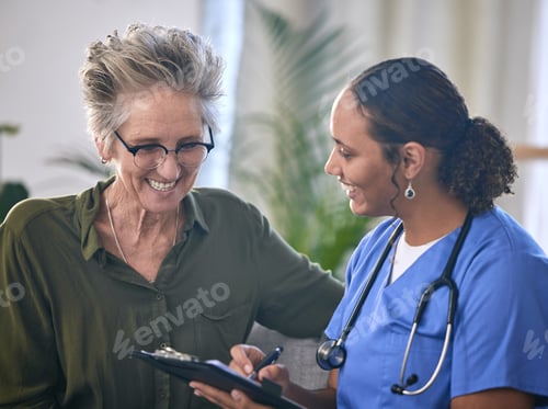 Preview: Healthcare, retirement and clipboard with a nurse and woman in consultation over treatment in a hom