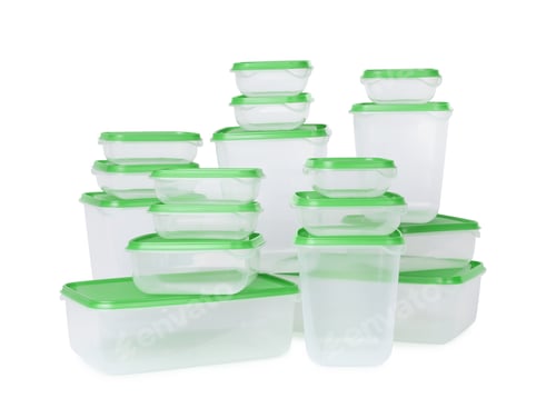 Preview: Set of empty plastic containers for food on white background