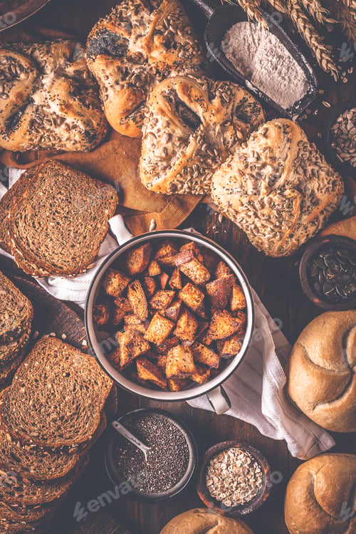 Preview: Assortment of different kind of cereal bakery - bread, pasties, buns, with healthy seeds